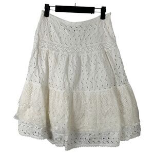 ECI New York White Tiered Eyelet Lace Boho Bohemian Midi Skirt Size Small
